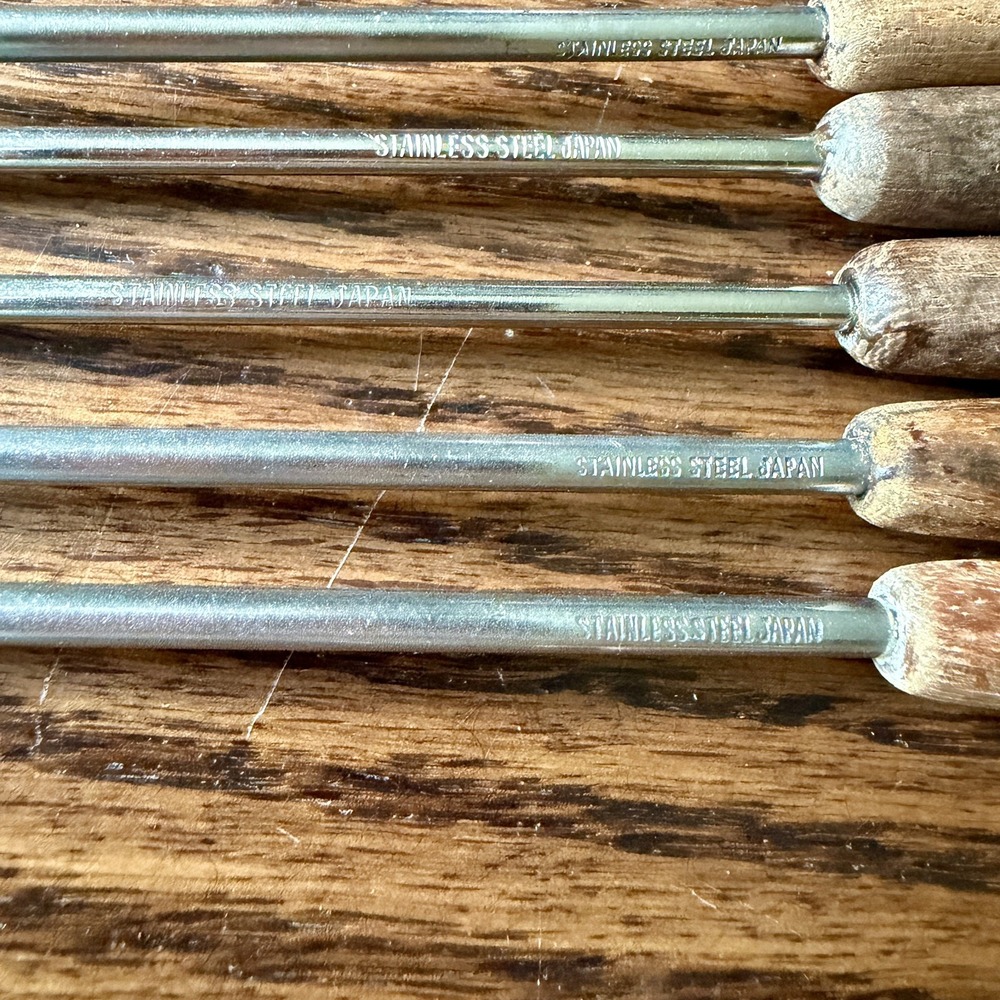 VTG Fondue Forks Stainless Steel Wood Handles Colored Tips Set of 9 Japan - Picture 4 of 4